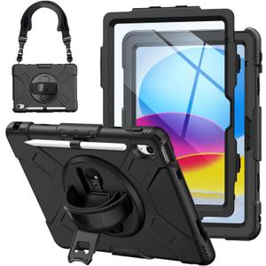 for iPad(A16) 11 inch 2025 case/10.9 inch iPad 10th Generation Case, Heavty Duty Shockproof Full Protective Case with Screen Protector and Rotatable Hand Strap, Shoulder Strap (Black)