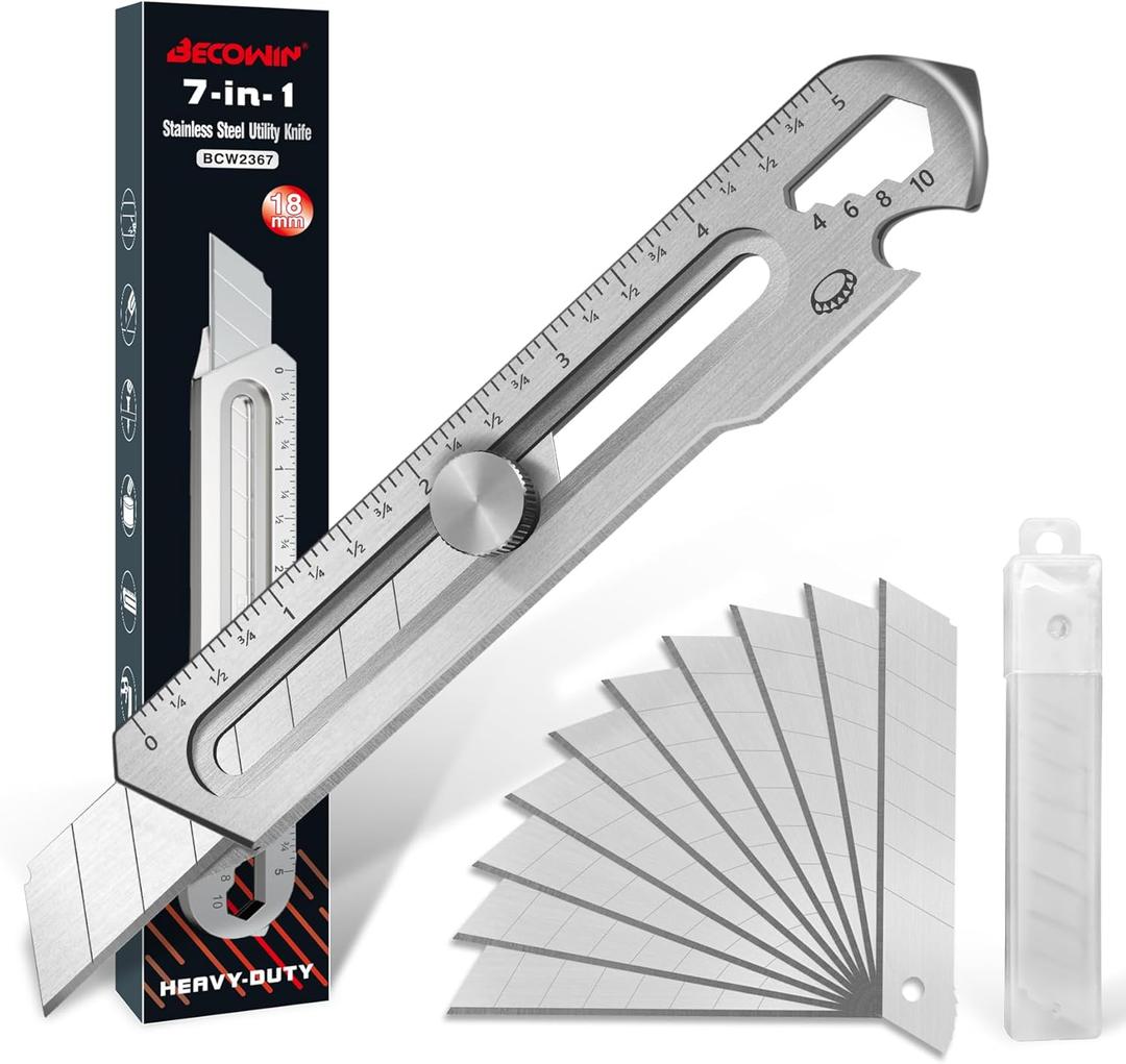 BECOWIN 7-In-1 Mutipurpose Utility Knife, Stainless Steel Retractable Box Cutter, Heavy Duty Snap off Cutter Knife with 10PC 18MM SK5 Blades, Safety Lock Design