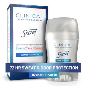 Secret Clinical Strength Antiperspirant Deodorant for Women, 3X Stress Protection, 72hr Sweat & Odor Protection, PH Balancing Minerals, Invisible Solid, Completely Clean Scent, 1.6 oz