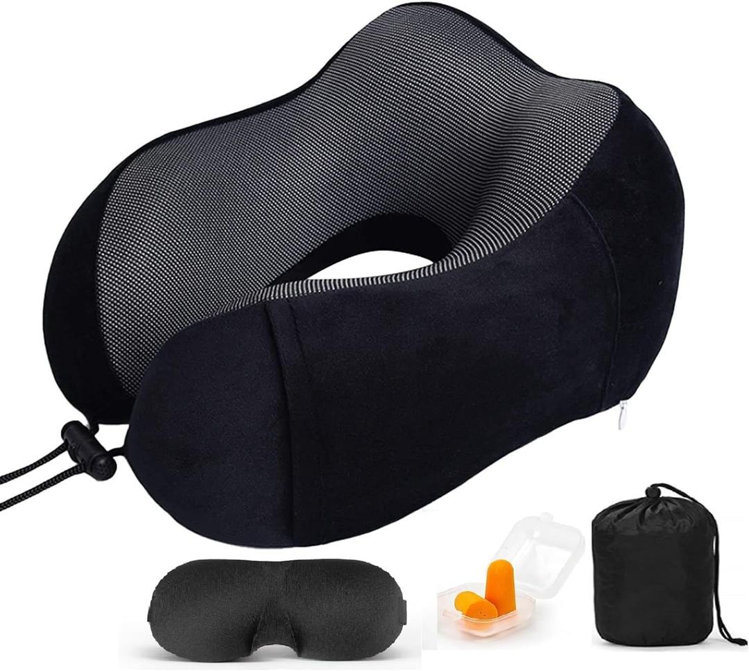 Airplane Travel Neck Pillow, 100% Memory Foam Ergonomic Neck Support, Airplanes Neck Pillow with Washable Cover Travel Essential for Flight & Office Include Eye Mask, Earplugs & Carry Bag (Black)