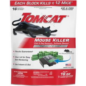 Tomcat Mouse Killer, Child and Dog Resistant Refillable Station  Weather-Resistant Indoor/Outdoor Bait Station with Clear Monitoring Lid, 1 Station and 16 Bait Blocks