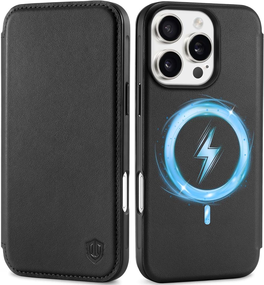 SHIELDON Slim Wallet Case for iPhone 16 Pro 6.3" 2024, Genuine Leather Wireless Charging RFID Blocking Card Holder Magnetic Closure Protective Phone Case Compatible with iPhone 16 Pro 5G - Black