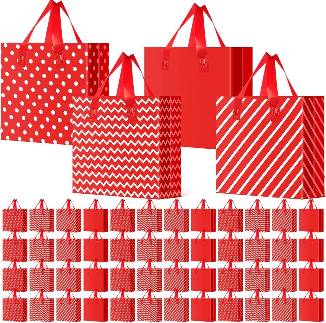 Tenceur Plastic Christmas Gift Bags with Handle Red and White Stripes Polka Dot Shopping Bags 13'' x 10'' Large Merchandise Tote Bulk for Christmas Holiday Party Favor Gift Wrapping(48 Pcs)