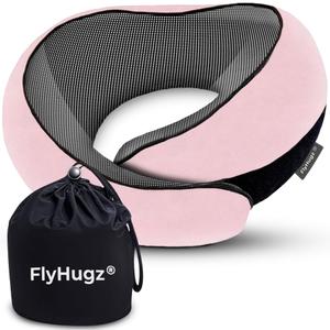 FlyHugz Neck Travel Pillow | Memory Foam Neck Pillow for Comfort on Airplane | Compact and Ergonomic Design for Travel, Car Rides, and Home Use | Ideal for Adults and Kids (Pink)