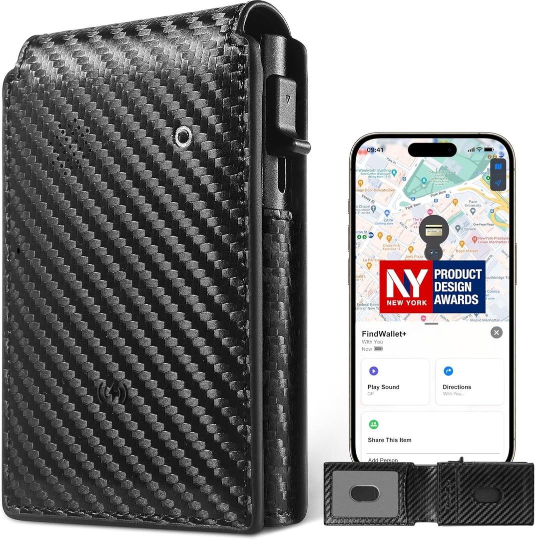Auskang Rechargeable Mens Wallet with Tracker Works for Find My App (iOS Only), Smart Wallet for Mens Gifts, RFID Blocking, Replacement for AirTag Wallet, with Money Clip, Not for Android, Black