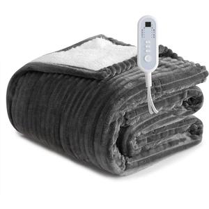Sheet&Joy Heated Blanket Electric Grey Throw - 50"x60" Heating Blanket Throw 1/2/4/6/8 Hours Auto-Off 8 Heat Level Over-Heat Protection Ribbed Flannel Sherpa Electric ETL Certification