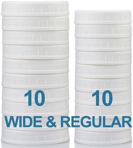 AOZITA 10 WIDE Mouth & 10 REGULAR Mouth Mason Jar Lids - 20 Pack Food Grade Plastic Mason Jar Caps for Ball, Kerr and More Canning Jars - Leakproof & Dishwasher Safe - White