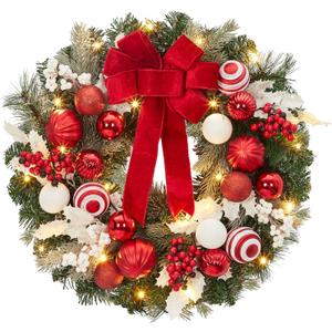 Garveehome 24 in Christmas Wreath With Lights for Front Door, Pre-Lit Christmas Wreath, Battery Operated, Lighted Xmas Door Wreath with Ball Ornaments for Christmas Door Fireplace Decor, Red and White