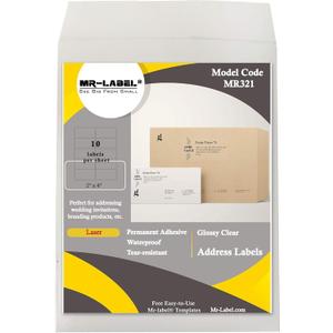 Mr-Label 2" x 4" Glossy Crystal Clear Address Labels - Waterproof and Tear-Resistant - for Laser Printer Only - Permanent Adhesive - for Glass Bottle | Envelope (250 Labels)