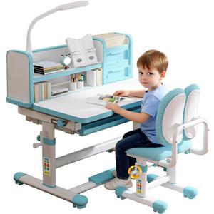 Kids Study Desk and Chair Set 3-18 Years Ergonomic Height Adjustable Children School Study Desk with Tilt Desktop, Drawer Boy and Girl Table and Chair Set 3 Modes Light (Blue)