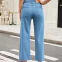 Allimy Womens Jeans High Rise Belted Wide Straight Leg Frayed Hem Jeans for Women Trendy 2025 Denim Pants (Blue)