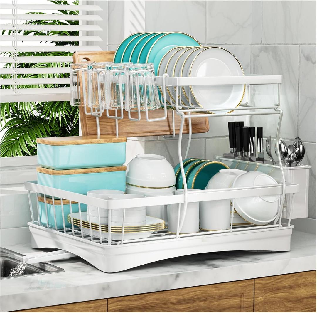 Large Dish Drying Rack, 2-Tier Dish Racks for Kitchen Counter, Detachable Large Capacity Dish Drainer Organizer with Utensil Holder, Dish Drying Rack with Drain Board, White
