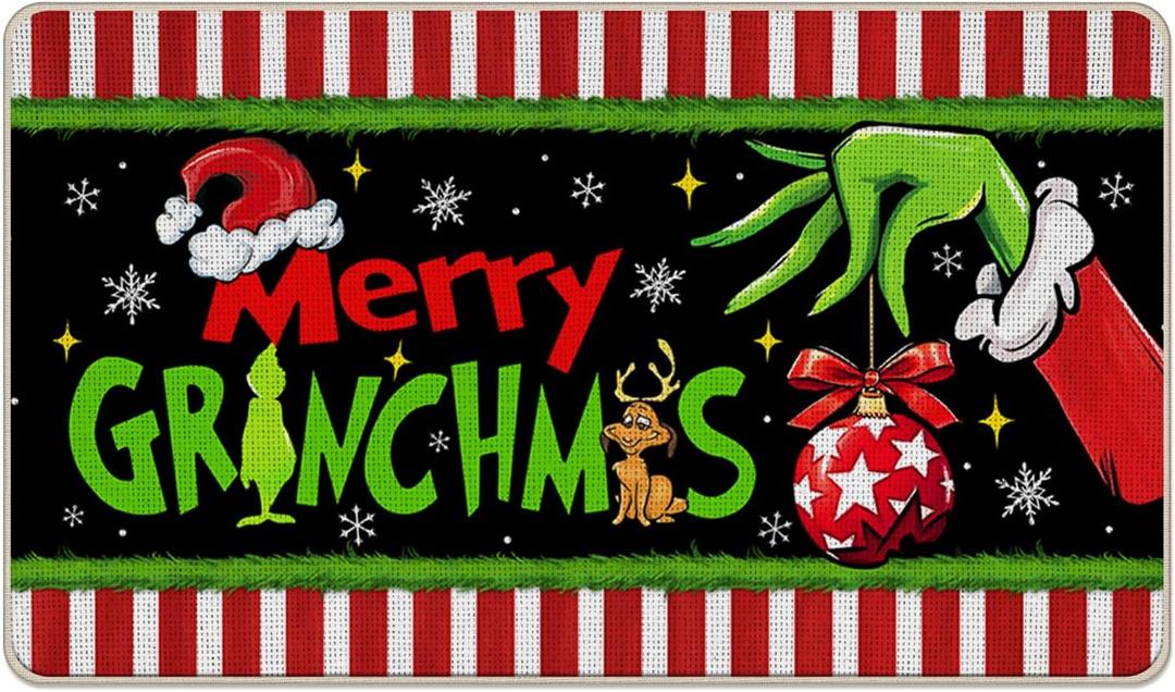 Merry Christmas Welcome Front Door Mat, Funny Xmas Ball Santa Hat Max Dog Decorative Doormat Non-Slip Floor Entryway Rug, Winter Holiday Indoor Outdoor Home Kitchen Decoration 17x29 Inches