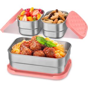 Homikit 3 Pack Kids Lunch Box Set, 18/10 Stainless Steel Bento Boxes with Silicone Lids Leak Proof, 5 Cups Reusable Metal Food Snack Containers for School Daycare, Nontoxic & Dishwasher Safe, Pink (Medium)