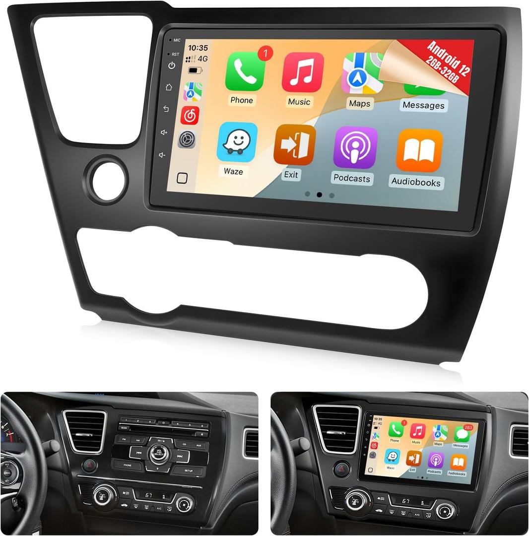 Naifay Android 12 Car Radio for Honda Civic 2013-2017 with Wireless Carpaly & Android Auto, 9 Inch IPS Touch Screen for Civic Car Stereo with GPS/Bluetooth/FM/Backup Camera/WiFi/SWC/Can Bus+MIC