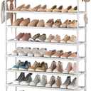 VTRIN 10 Tiers Shoe Rack Tall Large Capacity Wide Shoe Organizer Sturdy Shoe Shelf for Entryway with Two Hooks Metal Shoe Storage for Closet, Bedroom, White