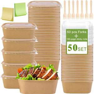50-Pack 26oz Kraft Paper Bowls Disposable with Lids and Wooden Forks, Disposable Meal Prep Containers Paper Food Prep Containers with Lids, To Go Container for Hot Soup/Salad, Freezer & Microwave Safe