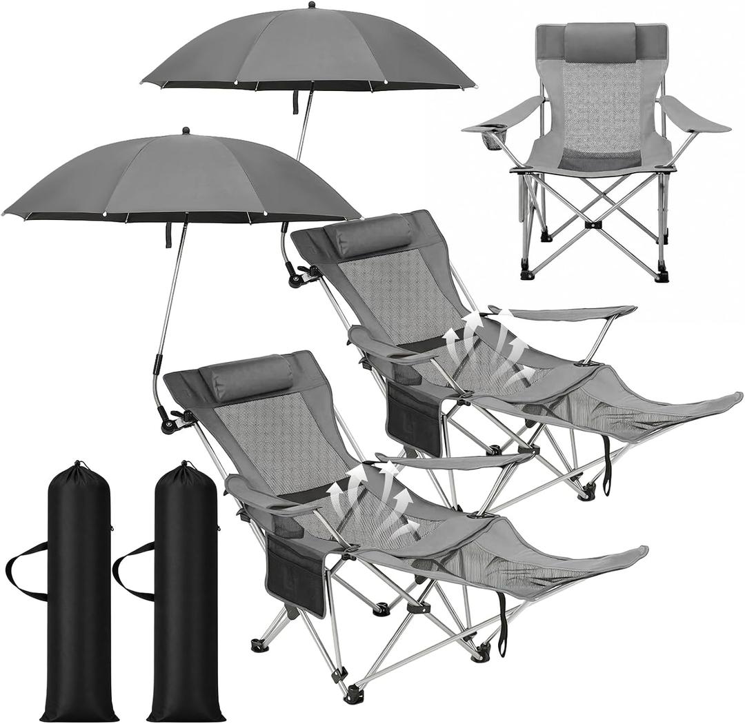 Colingmill 2 Pack Reclining Camping Chairs with 2 Umbrellas, Folding Beach Chairs with Footrest, Headrest, Cup Holder, 4-Position Adjustable Backrest Lounger for Lawn Outdoor, Picnic(Grey)