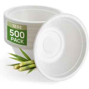Goodluck 500 Pack White 12 oz Compostable Deep Bowls, Heavy Duty Bagasse Disposable Paper Bowls, Microwave Safe Sugarcane Fiber Bowls for Soup, Salad, Cereal & Meal Prep