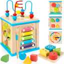 WOODMAM Wooden 7-in-1 Activity Cube, Montessori Toys for 1 Year Old Toddlers, Baby Educational Developmental Toys, One Year Old Boys Girls First Birthday Gifts with Bonus Sorting & Stacking Board (Blue)