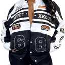 KANSOON Varsity Jacket Women Motorcycle Racer Detachable Letter Graphic Jackets Vintage Color Block Baseball Coat (Small, Black)