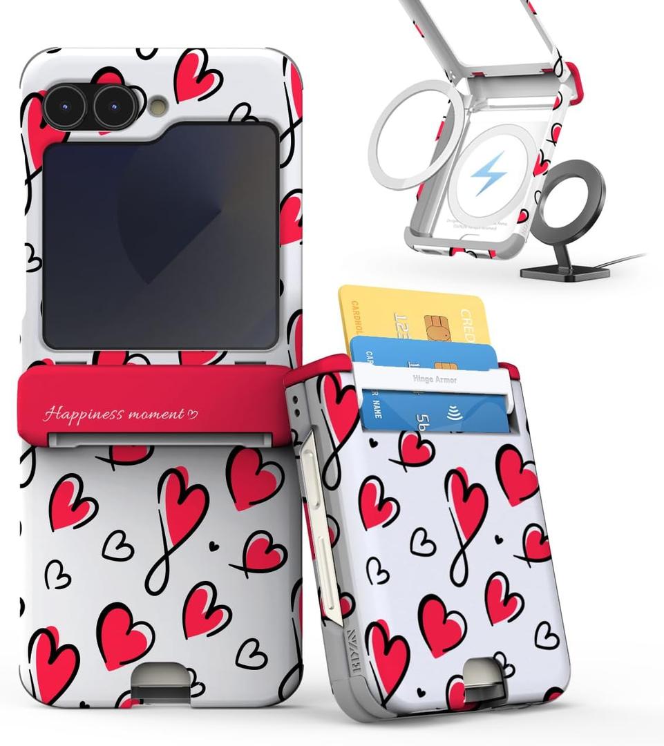 VVUPIC Galaxy Z Flip 5 Case with heartpattern Design, Dual Card Slot, Hinge Protection, Shock-Absorbing Slim Protective Case, MagSafe Compatible