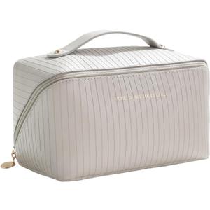 Travel Toiletry Bag Makeup Bag, Water-Resistent Cosmetic Bags for Women, Portable Pouch Open Flat Make Up Organizer Case, Cosmetic Bags, Grey Striped