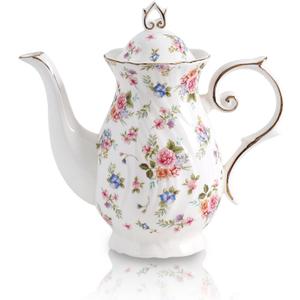 Agyiuns tea pot ceramic, Porcelain teapot with lid, 37oz for Tea, Milk, Coffee, Flower tea (White with small flowers)