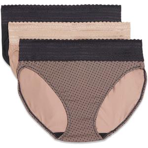 Warner's Women's Blissful Benefits Dig-Free Comfort Waistband with Lace Microfiber Hi-Cut 3-Pack 5109w (Large, Black/Toasted Almond/Lace Dot)