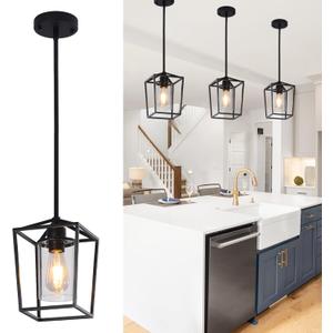 Pendant Light Fixture,Adjustable Black Iron Cage Farmhouse Metal Kitchen Island Hanging Light with Clear Glass Shade, Suitable for Kitchen Island, Entrance, Dining Room, Hallway(1 Light)
