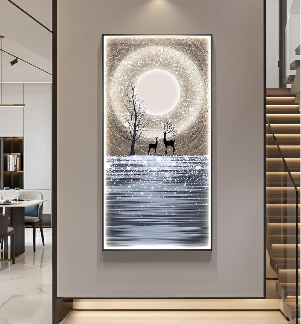 Large Framed LED Modern Wall Art for Hallway, Vertical Moon Night Sky Lake Landscape Artwork for Walls, Luxury Dimmable Lighted Wall Decor for Living Room, Entryway, Home Office, 30 x 60 Inch