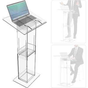 IRONWALLS Clear Podium Stand Adjustable Height, 33.5"-45.3" Acrylic Lectern Podium Stand for Church, Weddings, Classroom, Speech, Presentation, Portable Pulpit Podium with Storage Shelf (Podium Only