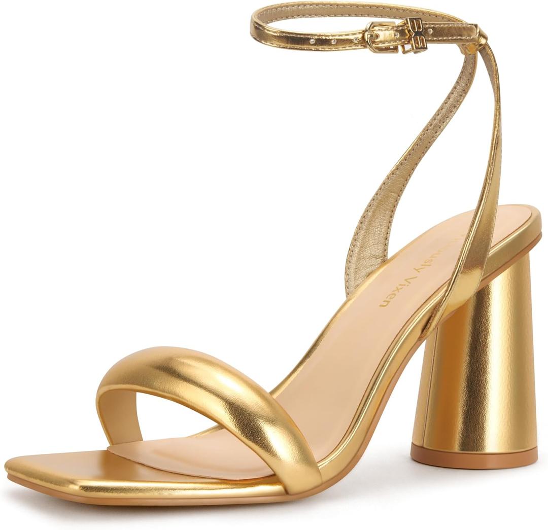 Women's Block High Heels Square Open Toe Strappy Sandals Party Wedding Ankle Strap Shoes (6, Gold)