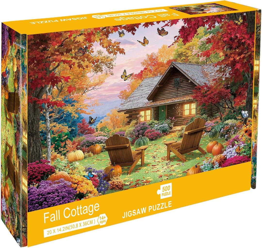 Sutinban Fall Cottage 500 Pieces Puzzle for Adults, Thanksgiving Colorful Autumn Nature Jisgaw with Plant Pumpkin, Challenging Puzzle for Home Decor & Gift