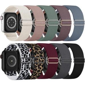 10 Pack Stretchy Bands Compatible with Apple Watch Band 40mm 38mm 41mm 42mm 44mm 45mm 46mm 49mm Women Men, Water-Resistant Solo Loop Elastic Sport Straps for iWatch Series 11 10 9 8 7 6 5 4 3 SE Ultra (Black/Leopard/Pink/Cactus/Starlight/Smoke Violet/Leopard/Blue Gray/Wine/Gray)