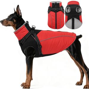 ASENKU Reflective Dog Coat with Built-in Harness, Windproof Fleece-Lined Dog Jacket for Small, Medium, Large Dogs, Warm Winter Vest with Turtleneck & Zipper (Red L)