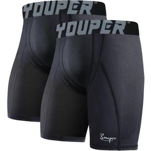 Youper 2-Pack Adult Compression Shorts w/Cup Pocket, Men's Athletic Supporter for Baseball & Football (Large, Black)