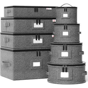 YearningHome China Storage Containers Hard Shell,Moving Boxes for Mugs,Wine Glassess,Plates,Sausers,Utensils and Dinnerware, Sturdy Dish Organizer with Felt Dividers,8-Piece Set,Grey