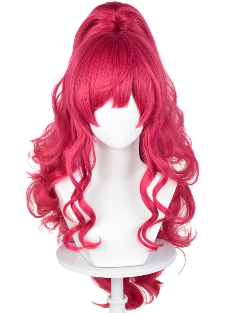 Half and Half Red Pink Pony Cosplay Wig with Bangs 27.5'' Long Curly Cute Pony Costume Wigs Rose Red Ponytail Wig for Women Halloween Party Daily