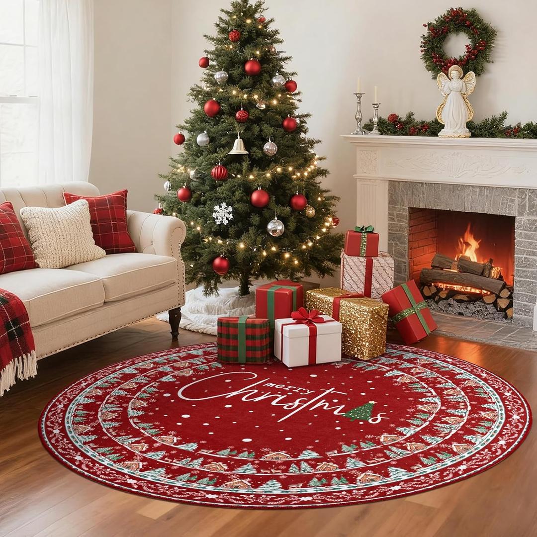 Round Christmas Rug 4Ft, Machine Washable Christmas Area Rug Non Slip Indoor Circle Carpet Soft Low Pile Xmas Holiday Rug for Living Room Bedroom Nursery Kitchen Entryway (Red)