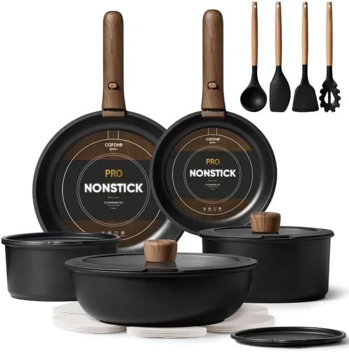 CAROTE 19pcs Pots and Pans Non Stick, Cookware Sets Detachable Handle, Induction Kitchen Pots and Pans, NonStick Cooking Set, Oven/Dishwasher/Fridge Safe, Space Saving (Black)
