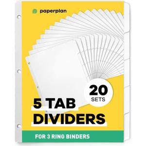 Binder Dividers with Tabs - (Set of 20) x 5 Tab Dividers for 3 Ring Binders, White, Reinforced Edge - Ideal for Keeping Your Documents Neat and Professional