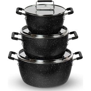 Granitestone Black Pots and Pans Set Nonstick, 6 Stackable Piece Cooking Pots Set, Kitchen Pots, Non Stick Coating, 5qt 3qt & 1.5qt Pots with Lids, Stay Cool Handles Dishwasher Safe 100% Toxin Free
