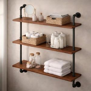 3-Tier Industrial Pipe Floating Shelf Rustic 30 inch Wood Wall-Mounted Storage Shelf for Kitchen Office,Bathroom & Home Decor -Walnut