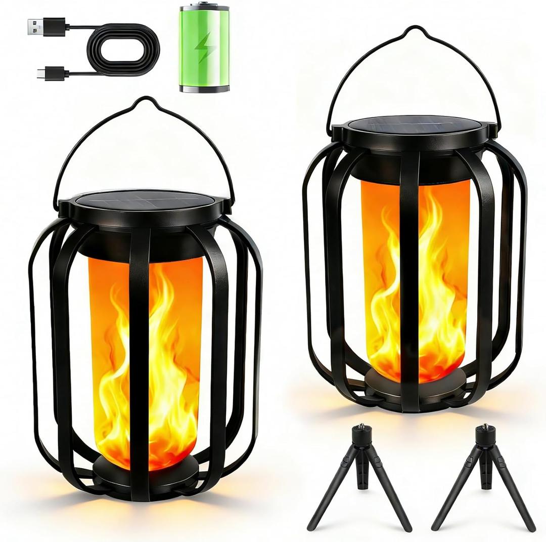 Solar Lanterns Outdoor Lights, 2 Pack Flickering Flame Garden Lights with 2 Modes Dual Charging USB & Solar, Outdoor Waterproof Hanging Lantern for Halloween Party Holiday Decor