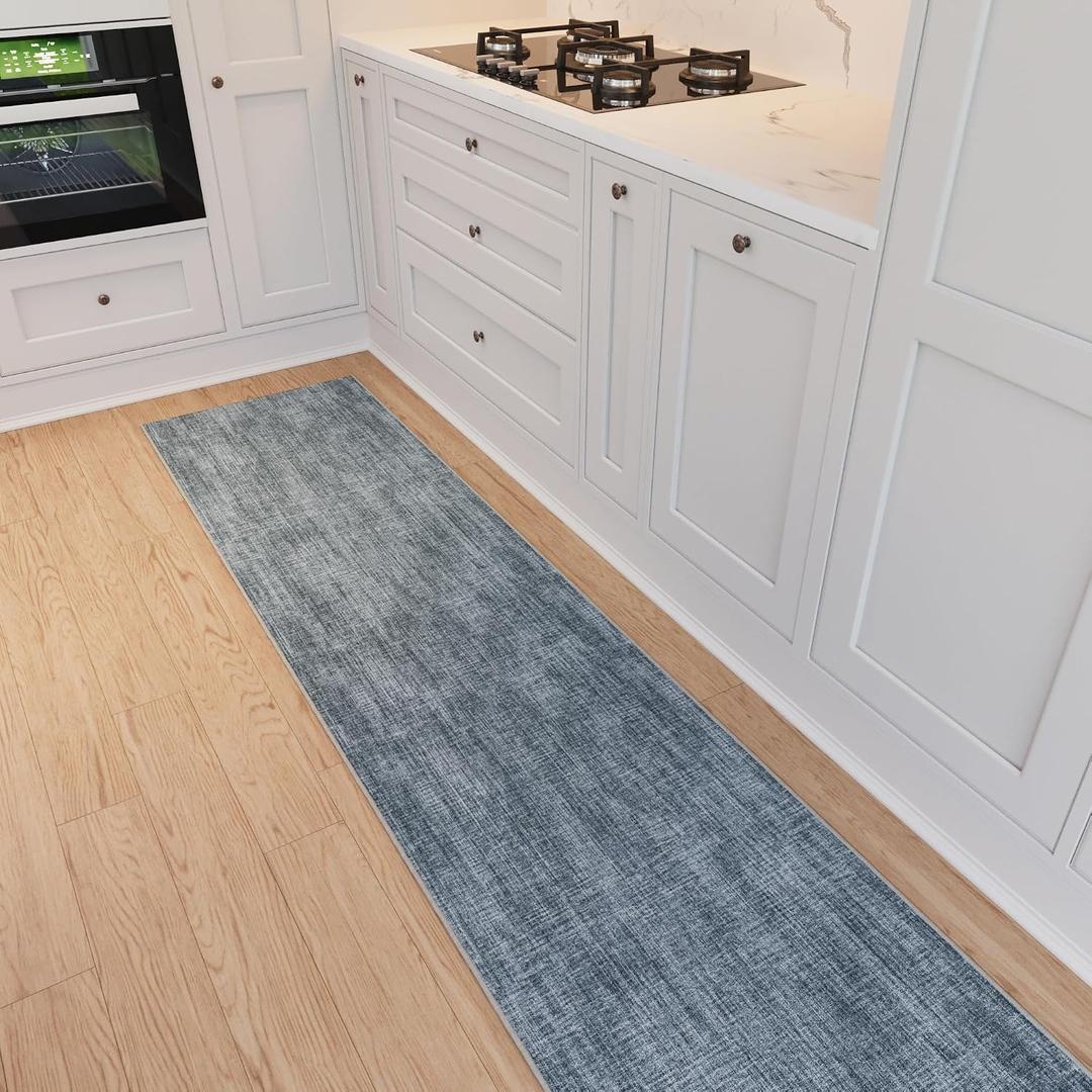 Ottomanson Mud Mat 1'10.5" x 4' Indoor Door Mat – Machine Washable Soft Non-Slip Rug, Quick Dry Low Pile Carpet for Kitchen, Bathroom & Entryway, Solid Greyish Blue
