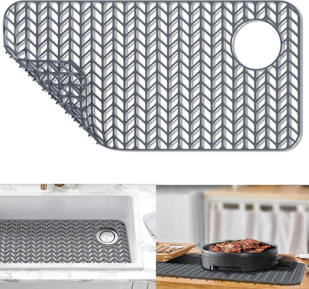 AWOKE Sink Protectors for Kitchen Sink,Kitchen Sink Protector Mat - 28.6" x 14.5" Heat-Resistant Silicone Folding Non-Slip Mat for Stainless Steel Sink with Right Drain (Grey)