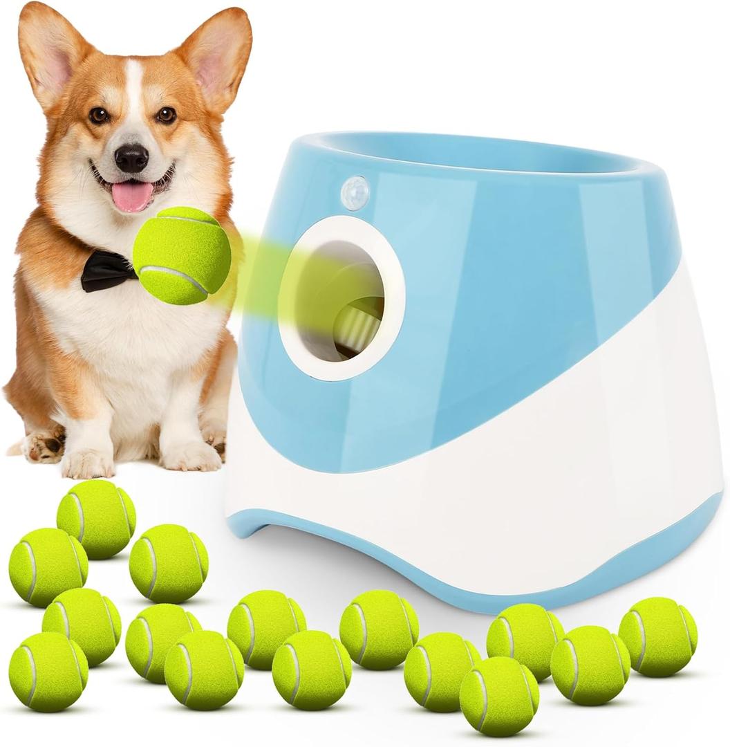 FAHKNS Automatic Dog Ball Launcher for Small Dogs,10-30FT Adjustable Throwing Distance,Rechargeable Indoor&Outdoor Interactive Dog Toy Ball Thrower with 15 Mini Tennis Balls,Blue