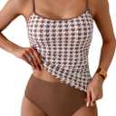 Eomenie Women's Tankini Swimsuits Two Piece Tummy Control Bathing Suit Color Block Slim Swimwear with High Waisted Bottom (Large, Printed Brown White)