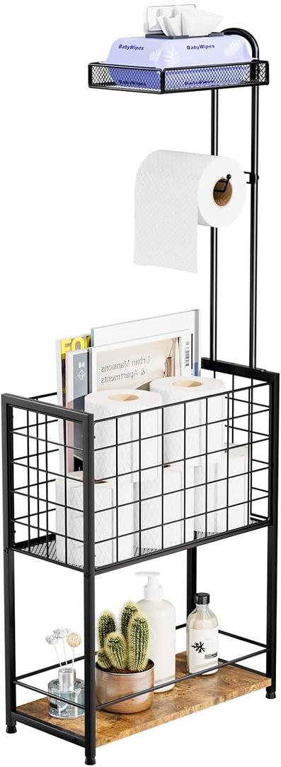 SWTYMIKI Freestanding Toilet Paper Holder - 4-Tier Free Standing Toilet Paper Holder Stand with Large Basket, Stand Mega Roll Storage Rack for Extra Rolls, Magazines, Wet Wipes, Black